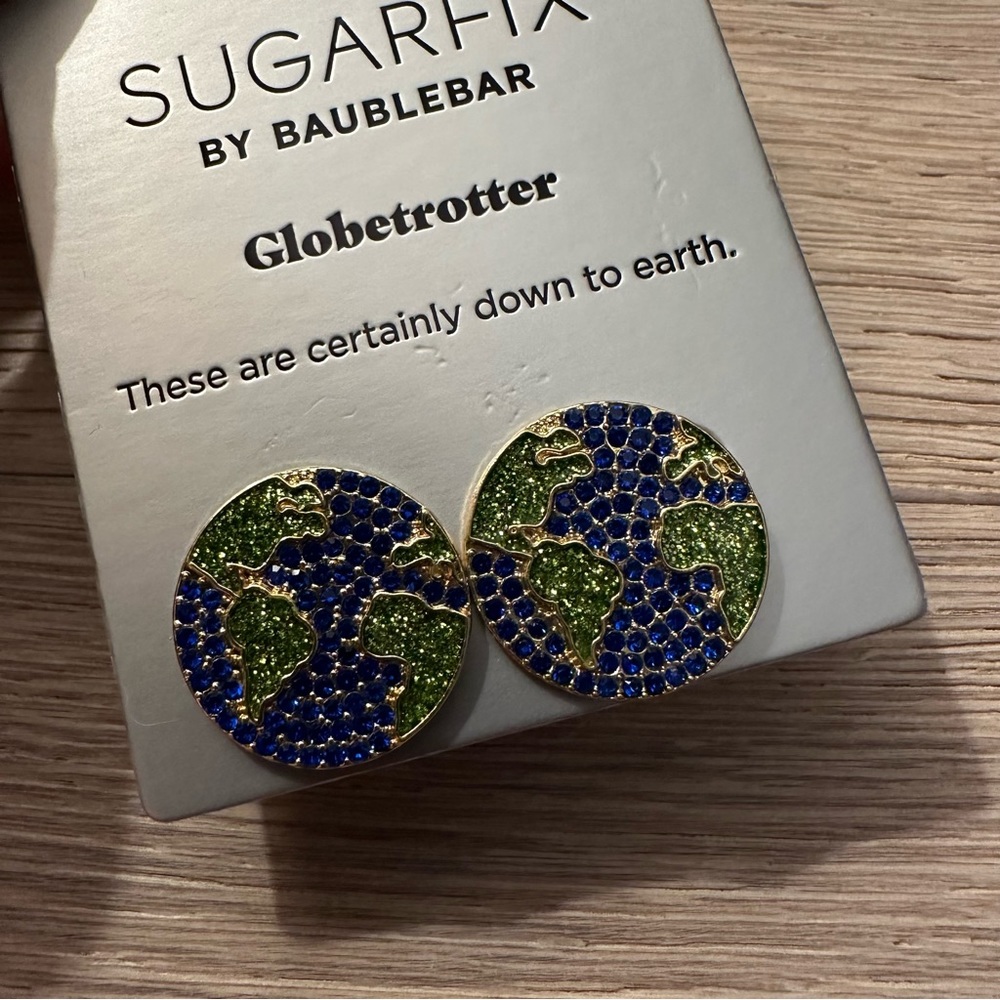 SugarFix BaubleBar Rhinestone Globe Earth Gold Stud Earrings